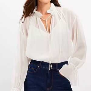 LOFT NWT Chiffon Whisper White Sheer Ruffle Tie-Neck Blouse M